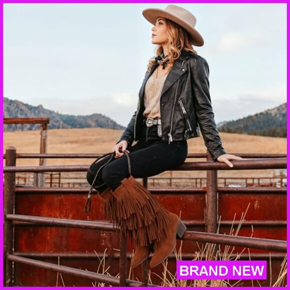 Western Knee High Boots Chunky Heel Fringe Cowgirl Pull On Pointed Toe - Picture 2 of 7